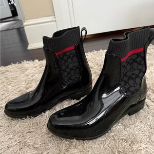 Coach Black Glossy Rain Boots with Red Stripe